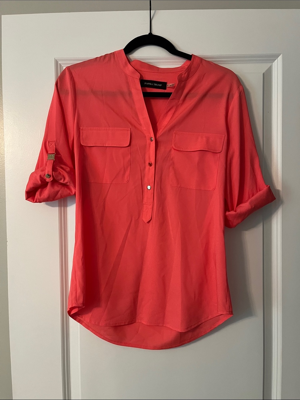 Ivanka Trump Roll-Tab Sleeve Blouse (Vibrant Coral, Size Small)